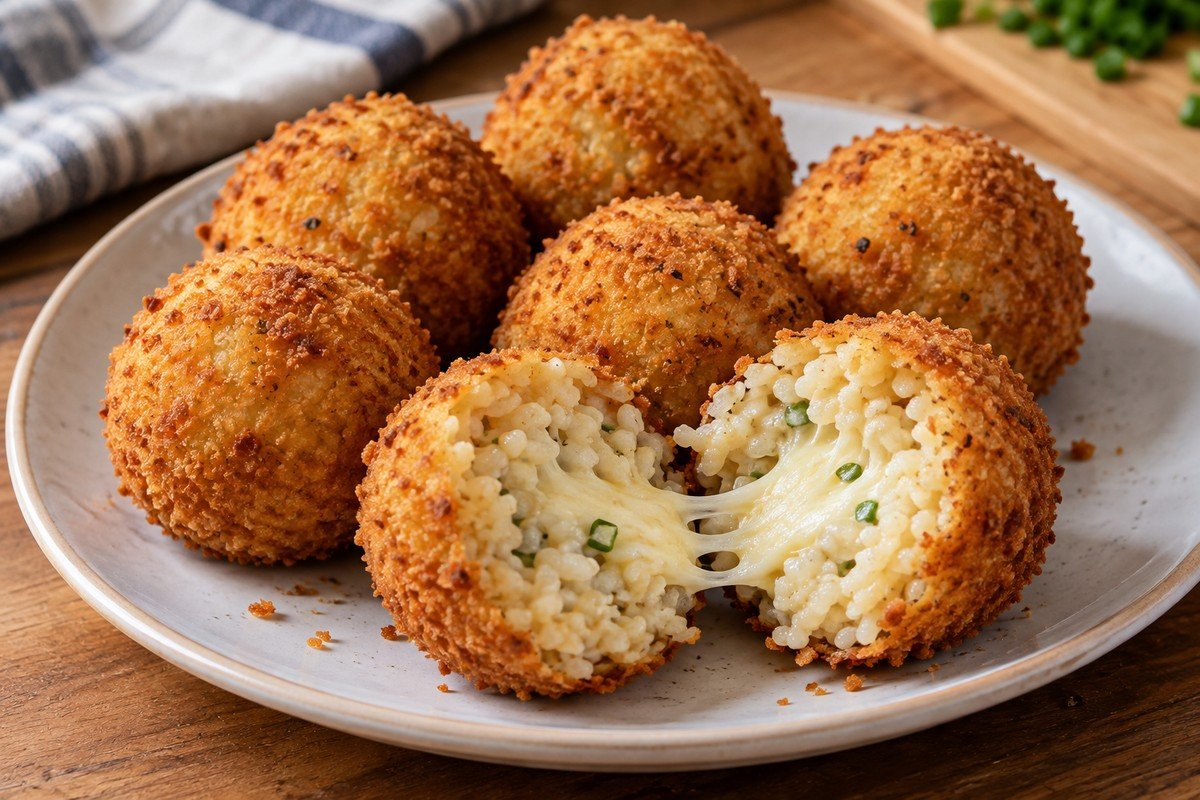 Arancini redondos e dourados, um aberto mostrando grãos de arroz e queijo derretido.