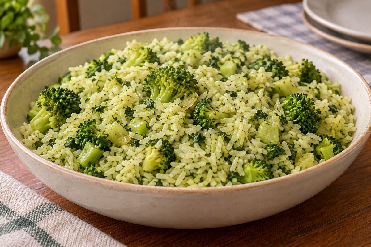 Arroz levemente verde misturado a folhas e pedaços de brócolis em travessa de cerâmica.