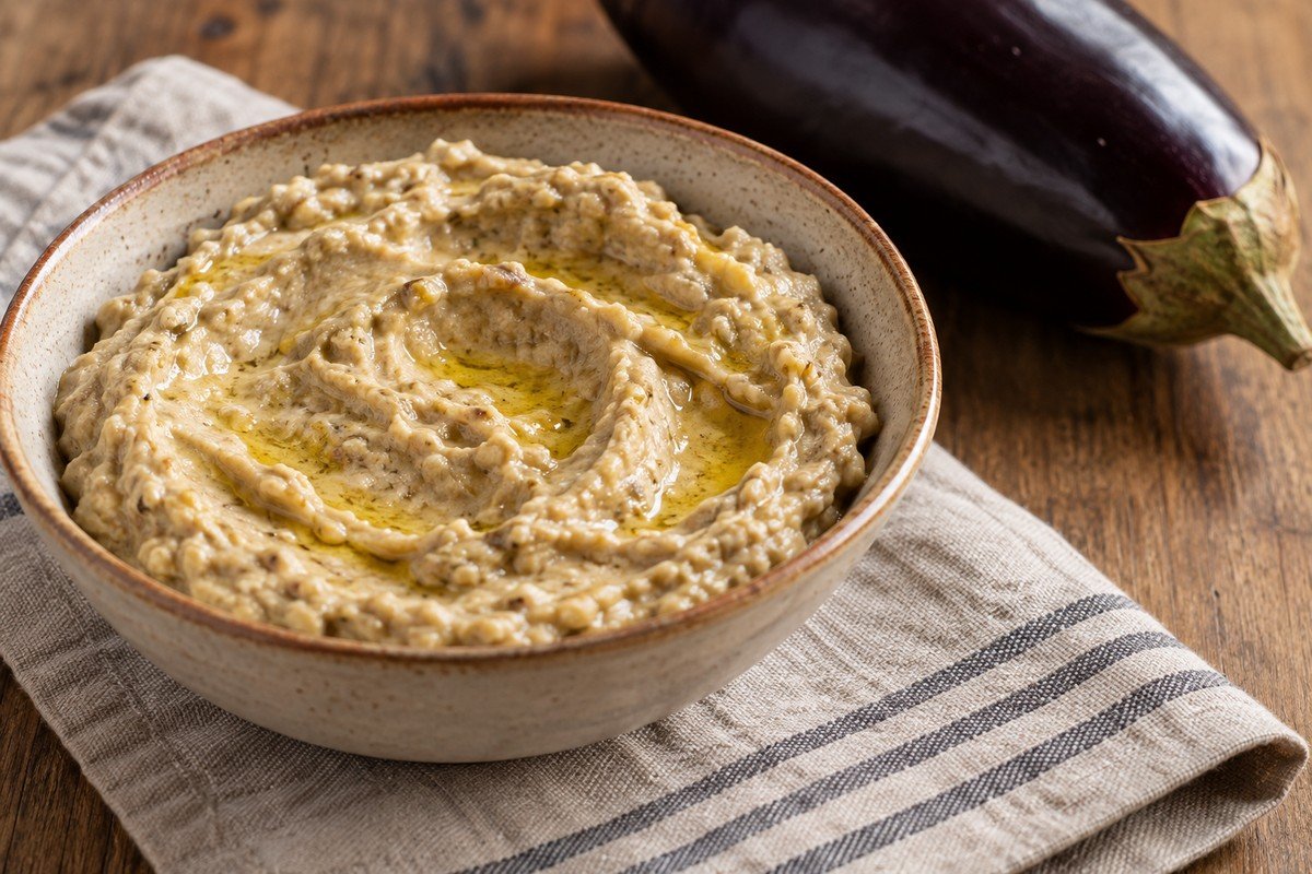 Babaganuche cremoso e rústico em tigela de cerâmica, com azeite na superfície e uma berinjela ao fundo.