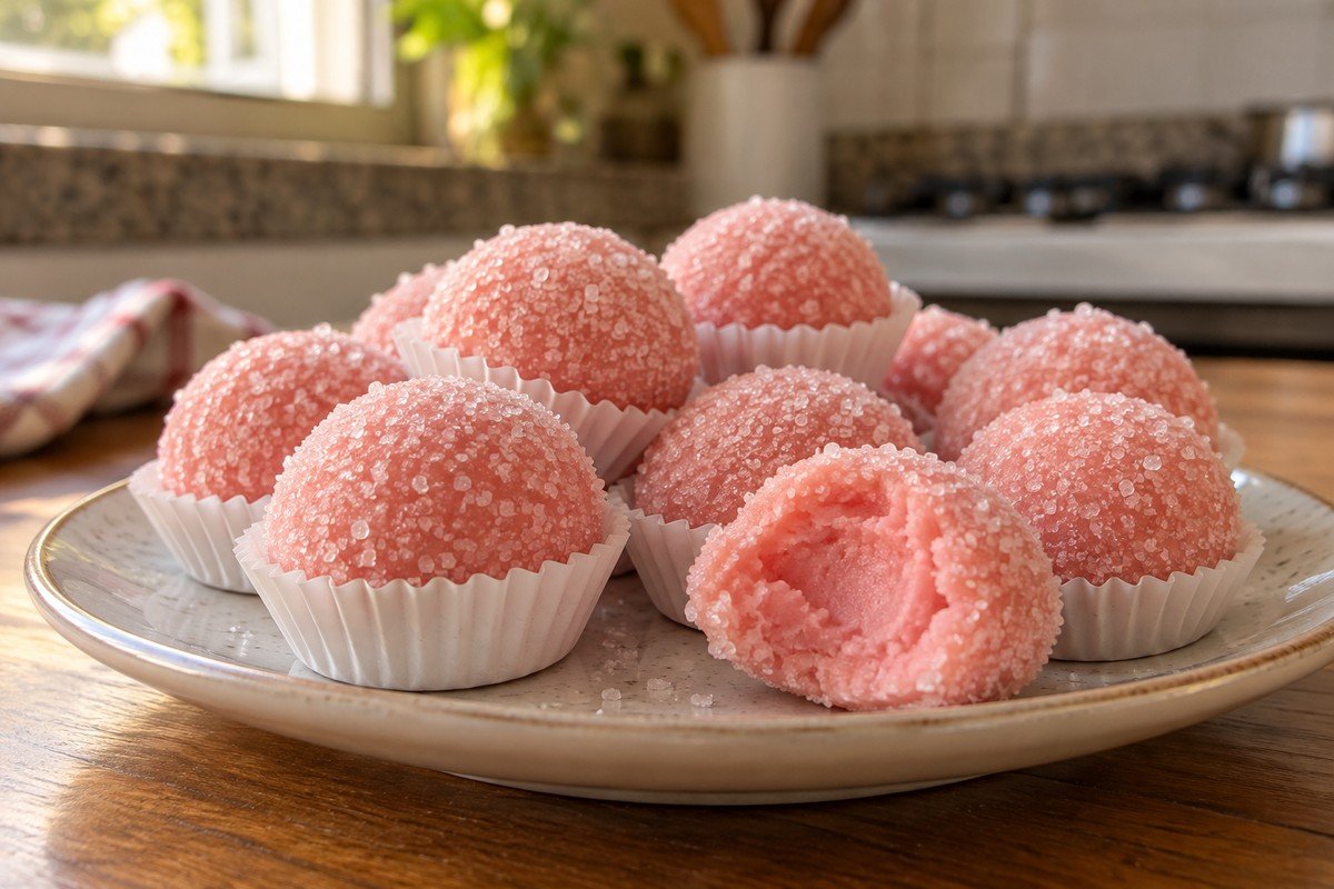 Bolinhas pequenas de docinho rosa-claro de leite condensado e Nesquik sabor morango, cobertas externamente por cristais de açúcar, interior liso quando uma unidade é partida; apresentação caseira