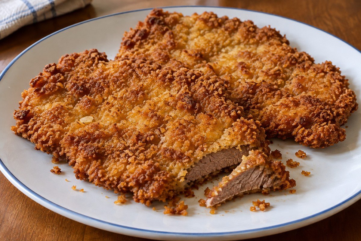 Bifes bovinos à milanesa dourados e crocantes, um deles cortado mostrando carne cozida.