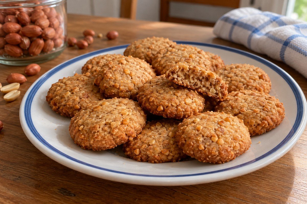 Biscoitos rústicos e pequenos de amendoim, com grânulos e bordas douradas, um deles partido ao meio.