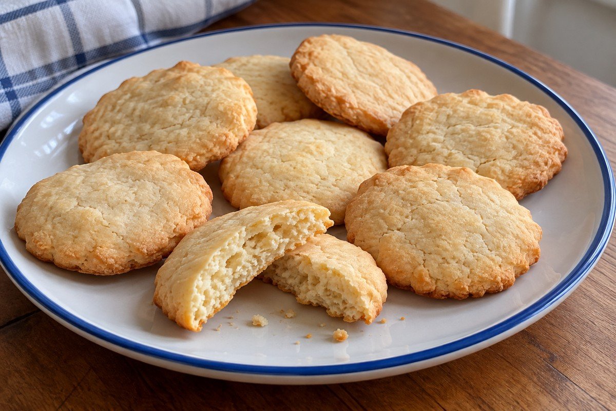 Bolachas caseiras claras, redondas e achatadas, em prato simples de cozinha.