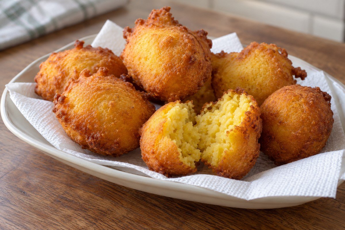 Bolinhos de farinha de milho dourados sobre papel absorvente, com um bolinho aberto mostrando o miolo amarelo.