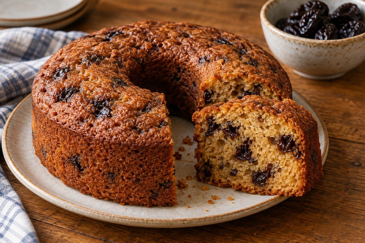Bolo de ameixa em forma de anel com uma fatia cortada, mostrando ameixas escuras no miolo úmido.
