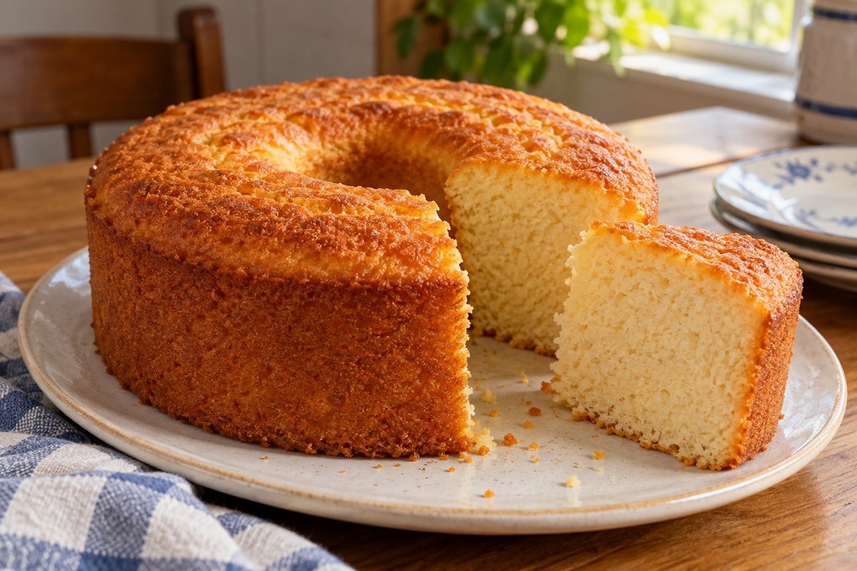 Bolo redondo de furo central, topo dourado discreto, miolo claro e macio de massa homogênea batida de arroz cozido, polvilho e coco; uma fatia moderada pode mostrar o corte, sem grãos inteiros visíveis