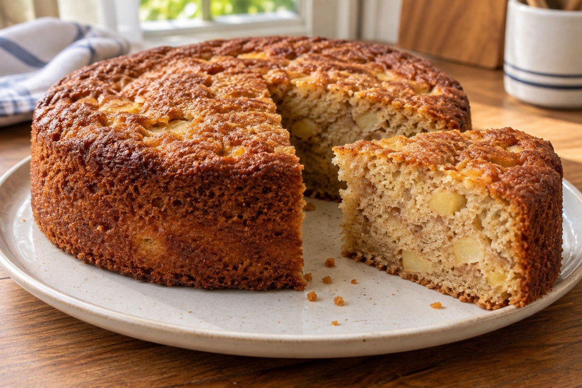Bolo de banana com maçã dourado, cortado em fatias, com pedaços de fruta visíveis na massa.