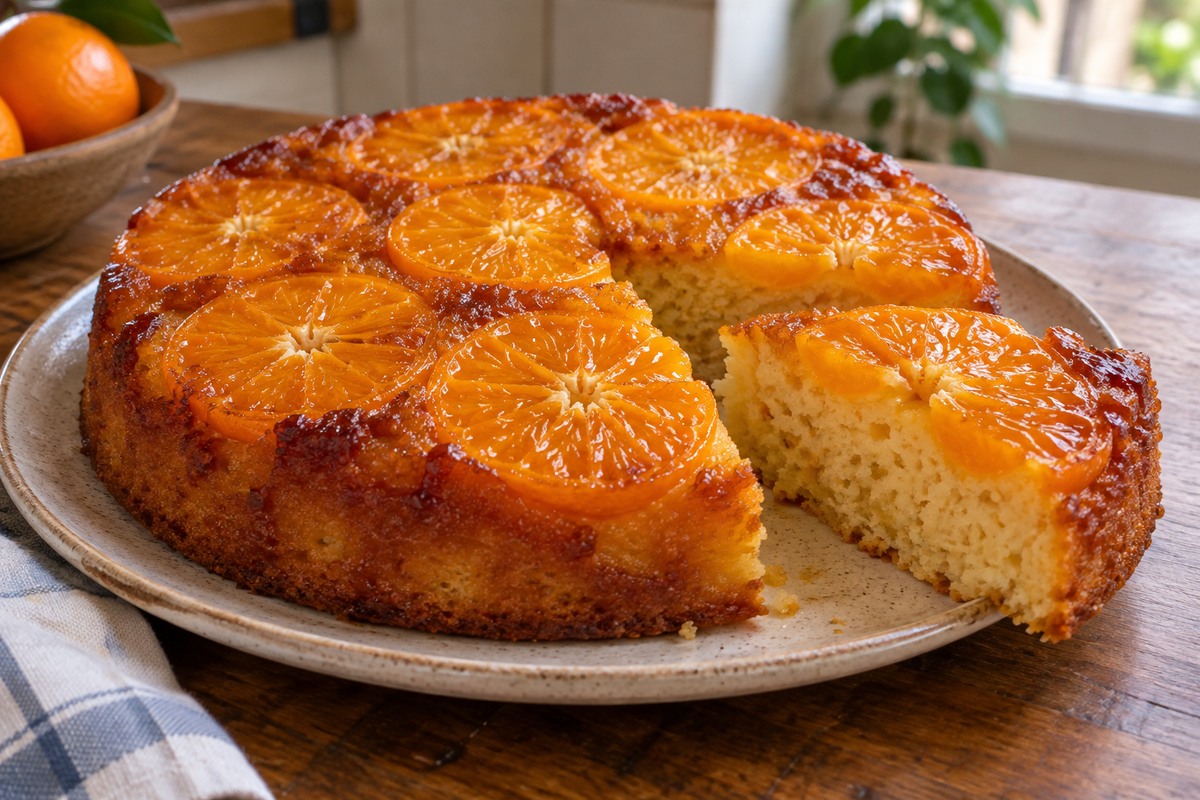 Bolo de bergamota invertido com rodelas caramelizadas no topo e uma fatia retirada.