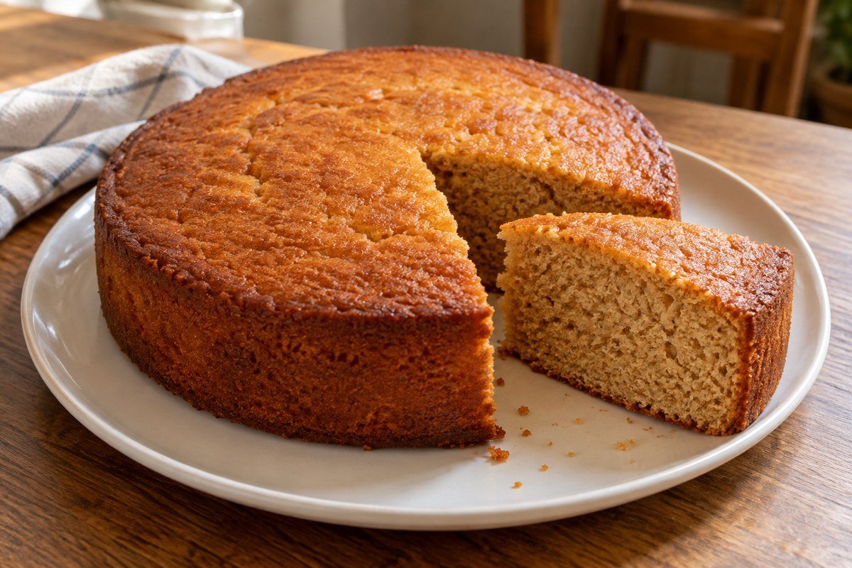 Bolo de mel redondo e dourado com uma fatia retirada mostrando o miolo.