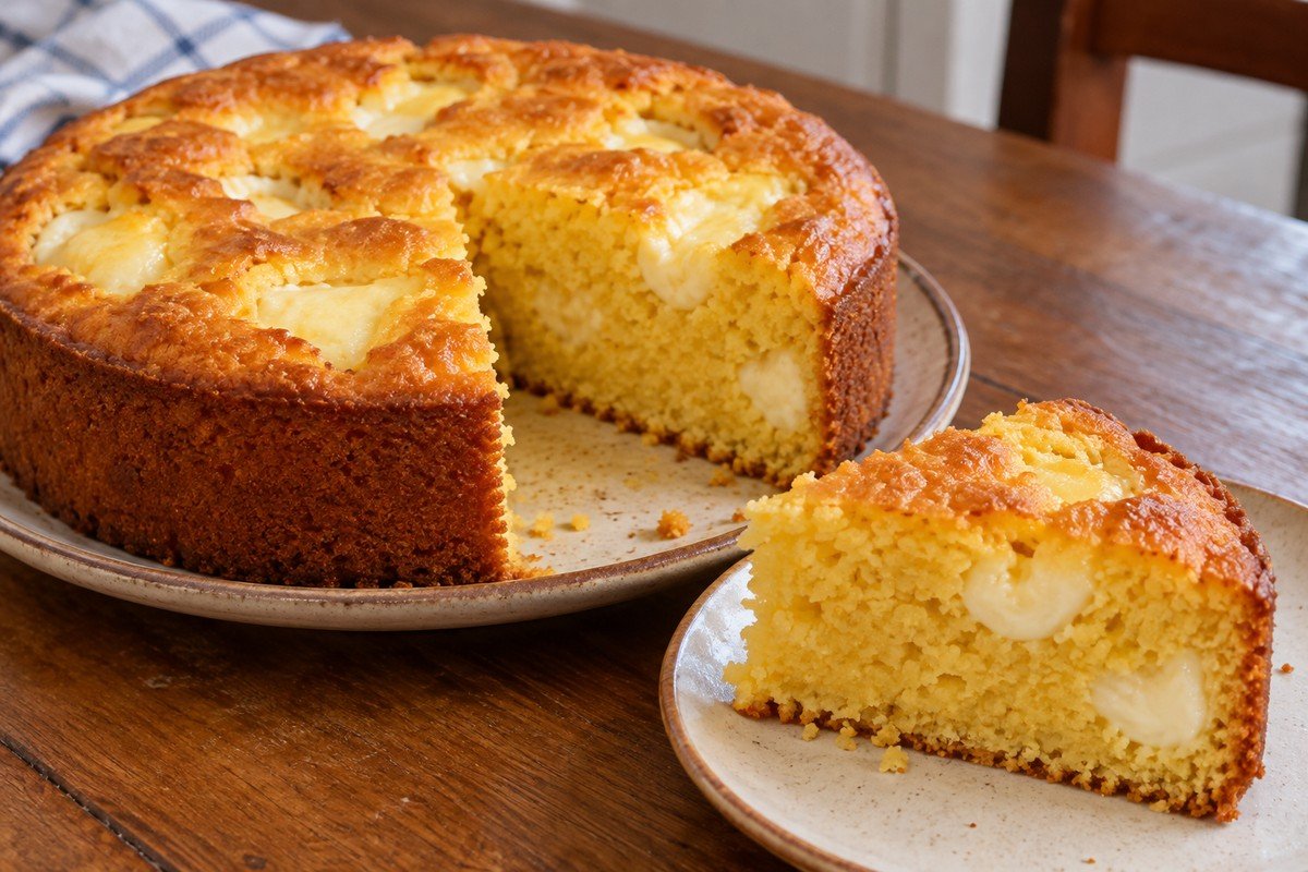 Bolo de milho dourado em fatias, com massa amarela macia e pontos claros de requeijão no corte.