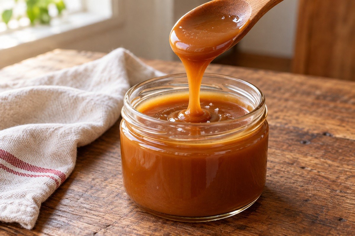 Caramelo salgado âmbar em pote, caindo da colher em uma fita espessa.