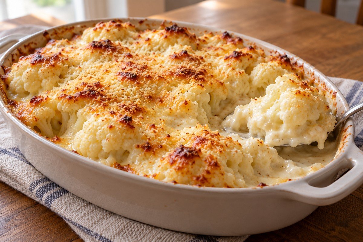 Couve-flor em molho branco gratinada com cobertura dourada num refratário, com uma porção retirada na colher.