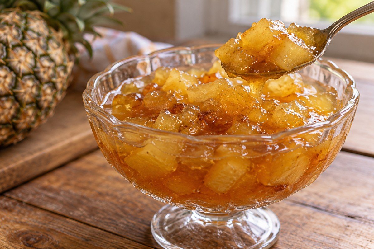 Doce de abacaxi com cubos macios e calda dourada espessa em compoteira de vidro.