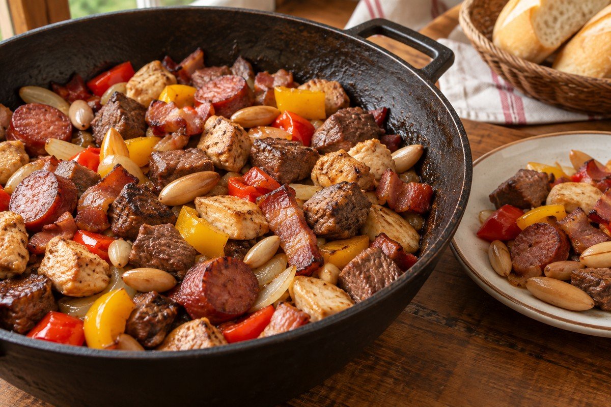 Entrevero com carnes douradas, pimentões coloridos e pinhões em panela rústica.