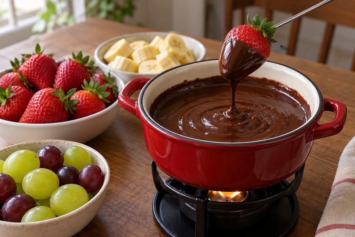 Fondue de chocolate brilhante em panelinha com morango mergulhado e frutas ao lado.
