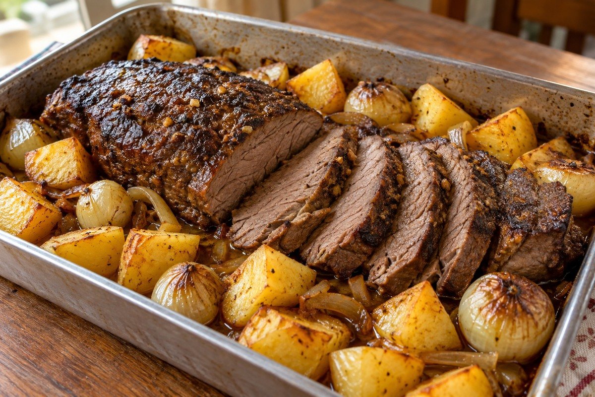 Fraldinha assada e fatiada em assadeira com batatas e cebolas douradas.