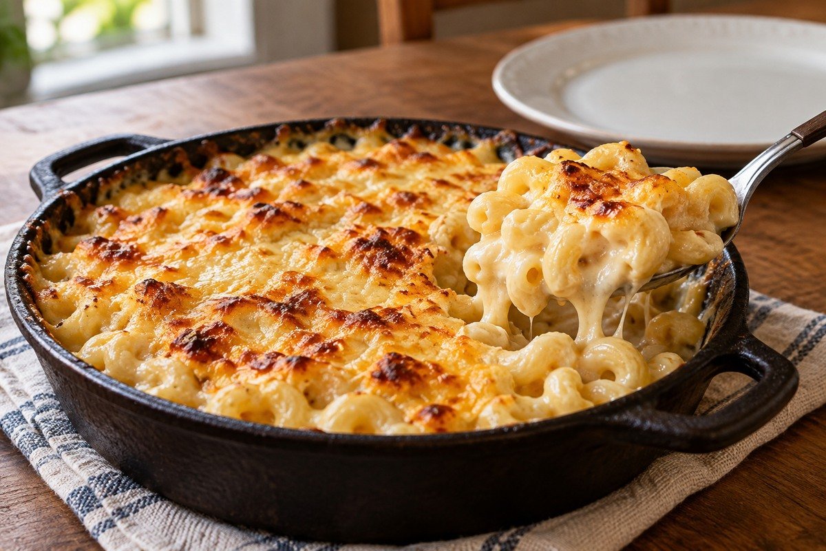 Macarrão curto gratinado com queijo em travessa de ferro e porção na colher.