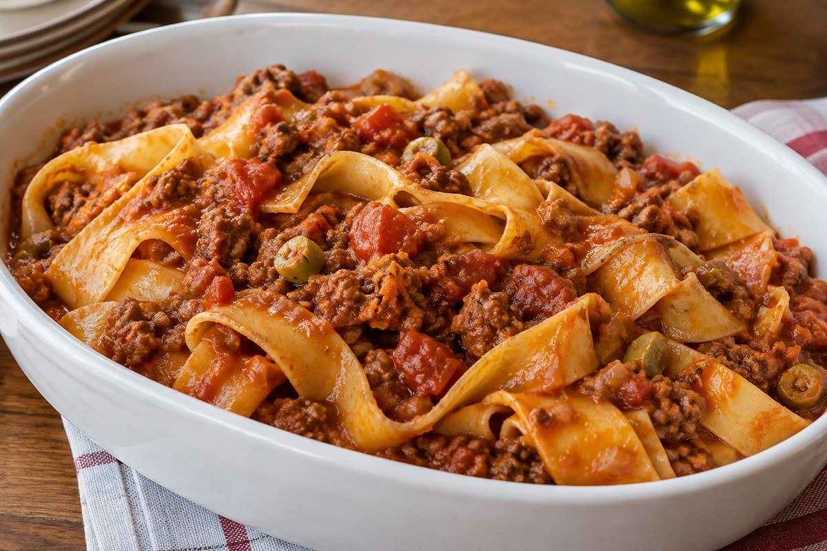 Fitas largas de macarrão à bolonhesa com carne moída, tomate e azeitonas.