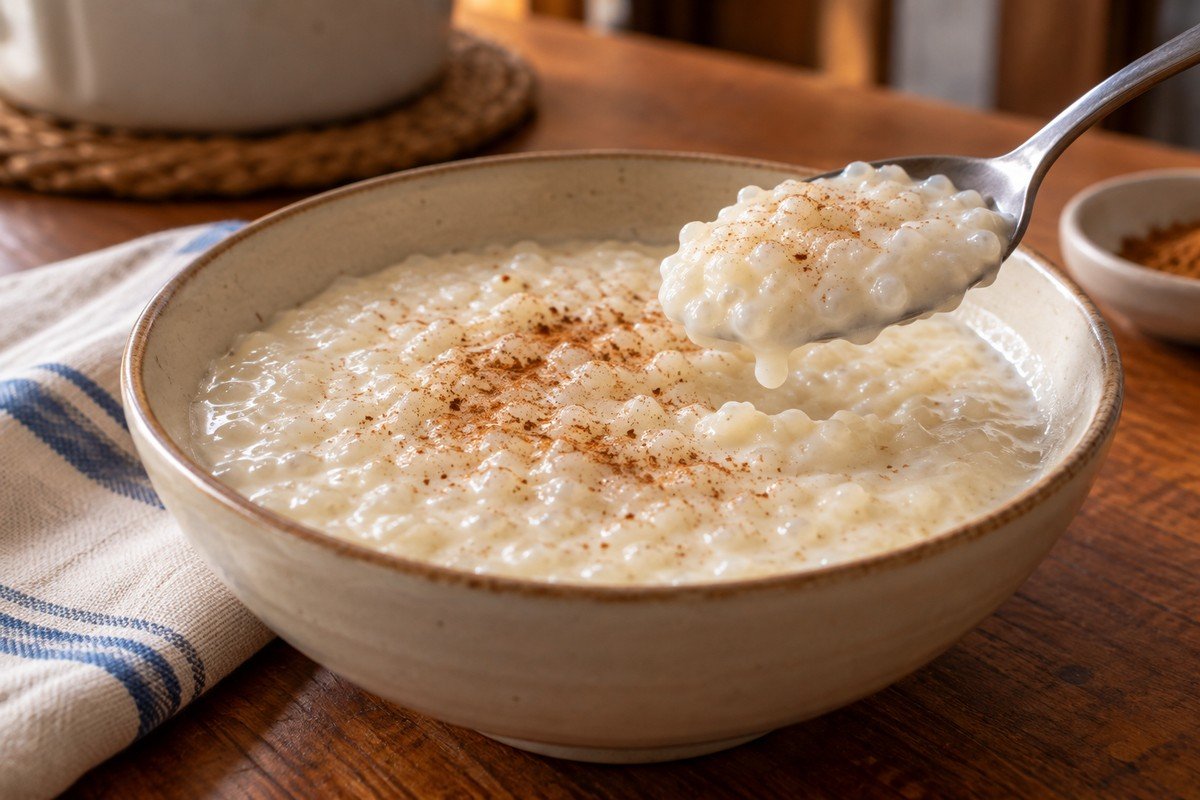 Mingau de tapioca claro e cremoso em tigela simples, com pequenos grãos visíveis e canela polvilhada.