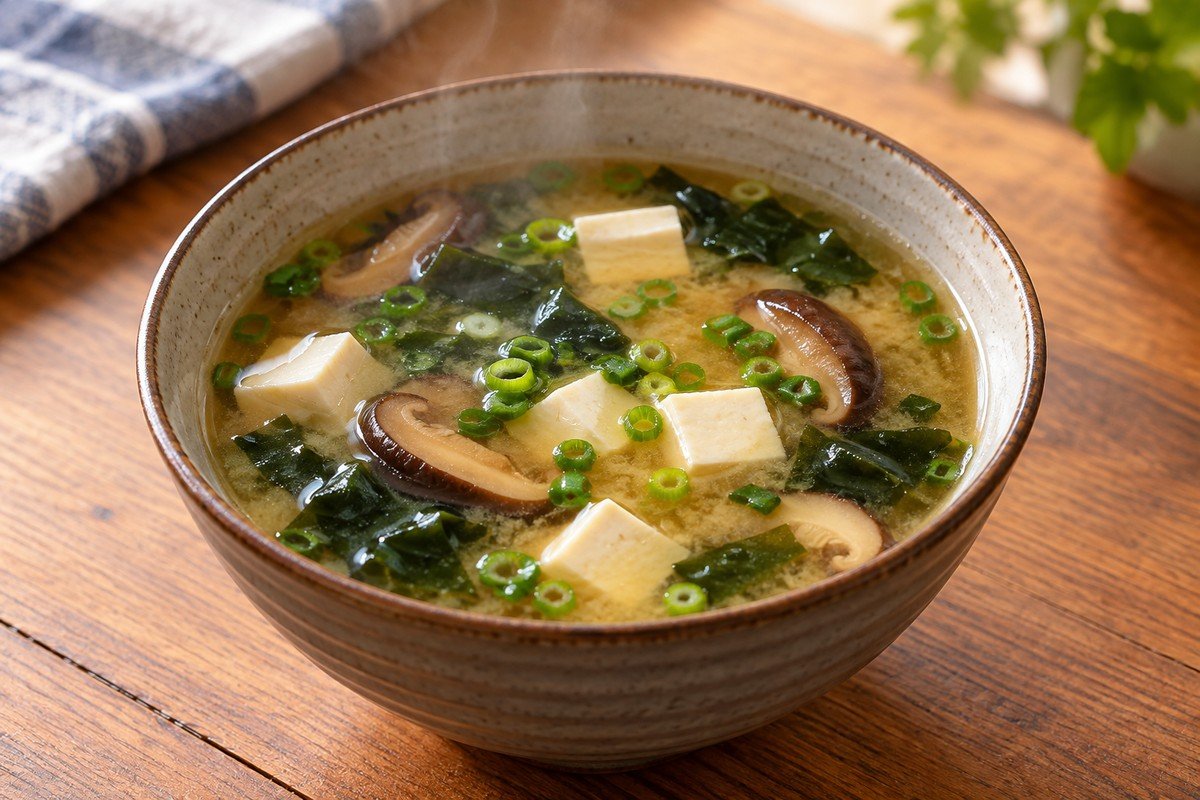 Tigela de missoshiro com caldo claro, tofu em cubos, shiitake, wakame e cebolinha.