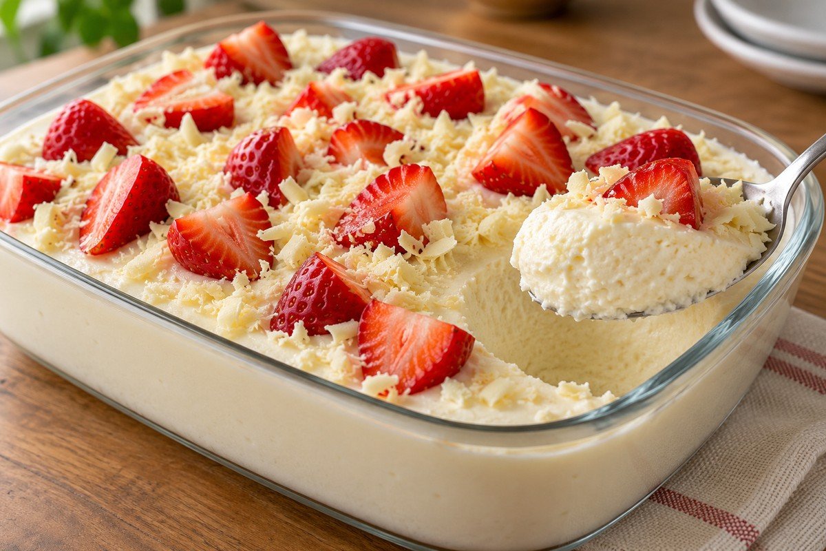 Mousse de leite em pó em refratário de vidro com morangos e raspas brancas, e uma colher mostrando sua textura.