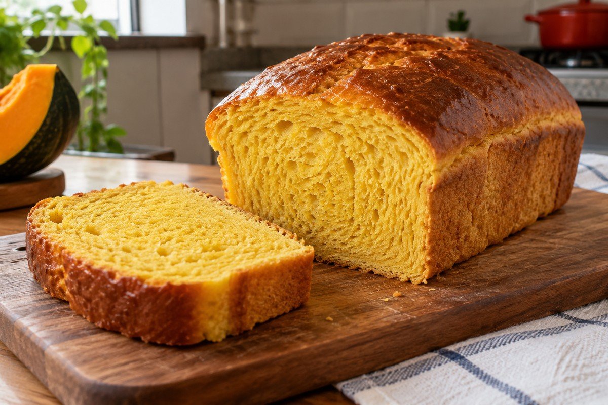 Pão de abóbora caseiro com casca dourada e uma fatia mostrando o miolo amarelo-alaranjado.