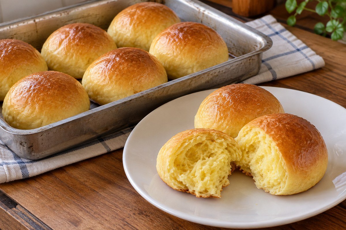Pães de mandioquinha dourados, com uma unidade aberta mostrando o miolo amarelo.