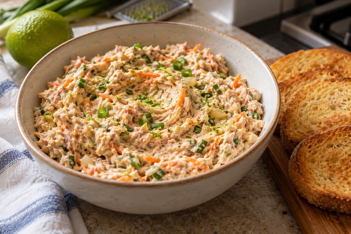 Patê cremoso de atum em tigela com lascas de peixe, cenoura ralada e cebolinha visíveis.