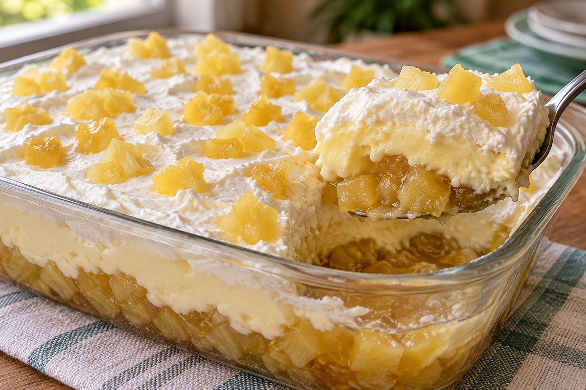Pavê de abacaxi em travessa de vidro, com camadas de fruta cozida, creme e chantilly.