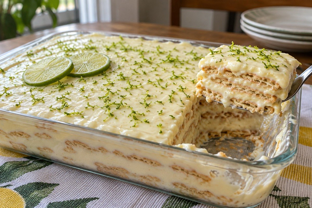 Pavê de limão em travessa de vidro, com camadas de biscoito, creme e raspas.