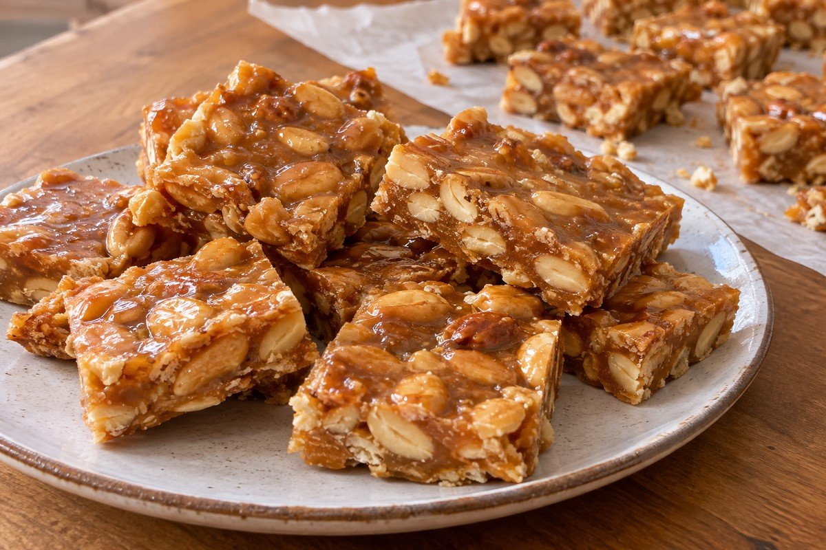 Pedaços de pé-de-moleque caramelizado com amendoins inteiros em prato simples.