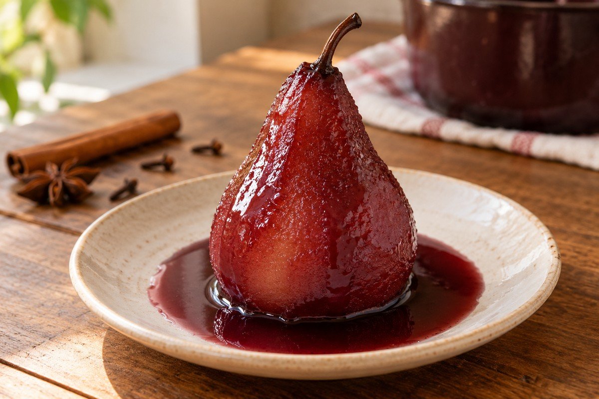 Pera inteira cozida, tingida de rubi e servida em prato pequeno com calda de vinho tinto brilhante; especiarias ao fundo.