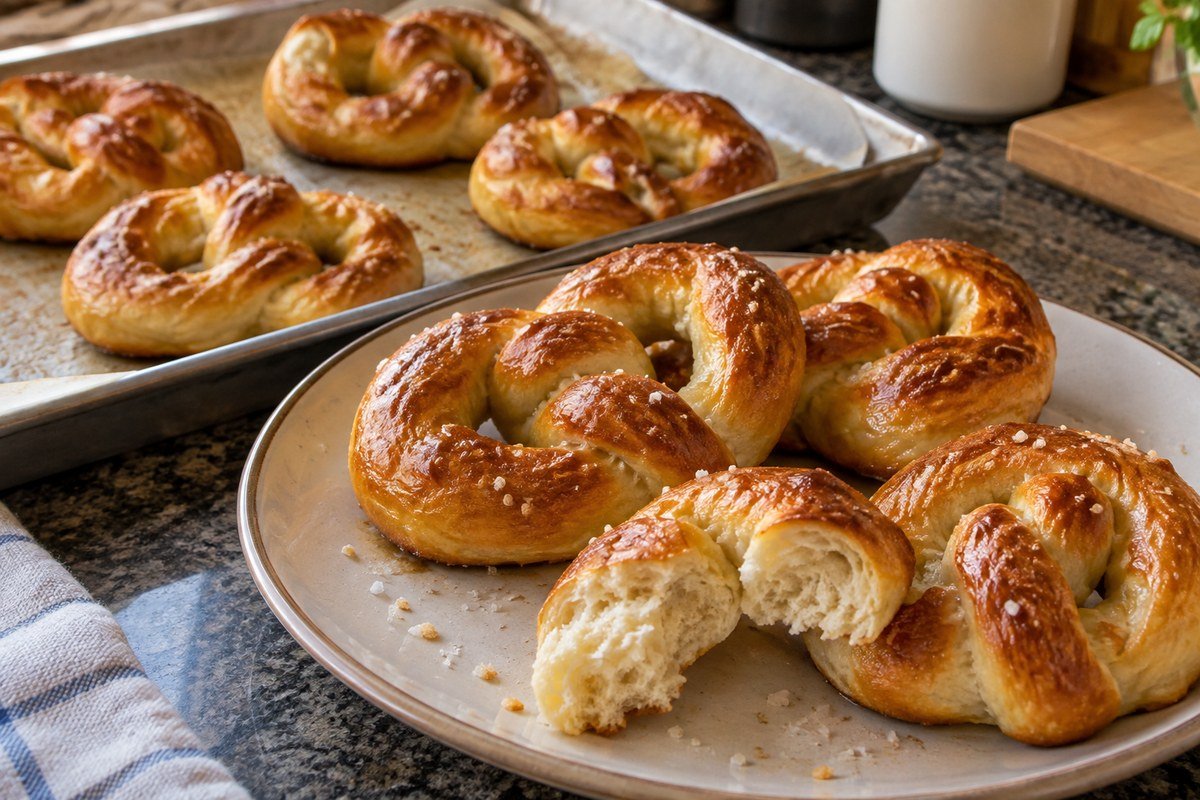 Pretzels dourados com sal em formato torcido, com um deles aberto no prato.