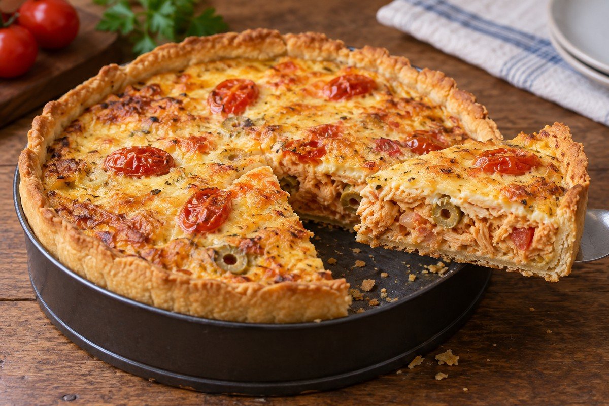 Quiche de frango aberta e dourada, com uma fatia mostrando massa, frango e cobertura firme.