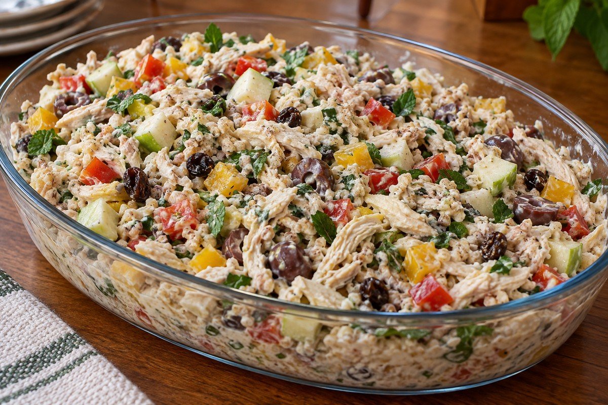Salada cremosa de trigo e frango desfiado em travessa, com pimentões, maçã e passas.