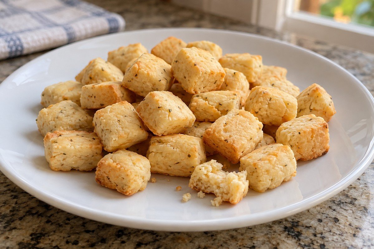 Pequenos biscoitos salgados assados em cubinhos de massa com parmesão, topo bege claro, base levemente dourada, ervas discretas na massa e aspecto quebradiço natural; não bolinhas fritas