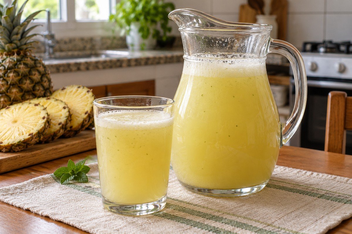 Suco coado de abacaxi e hortelã, amarelo claro com leve espuma natural, servido em jarra de vidro e um copo transparente; sem leite, coquetel ou garrafa de bebida alcoólica