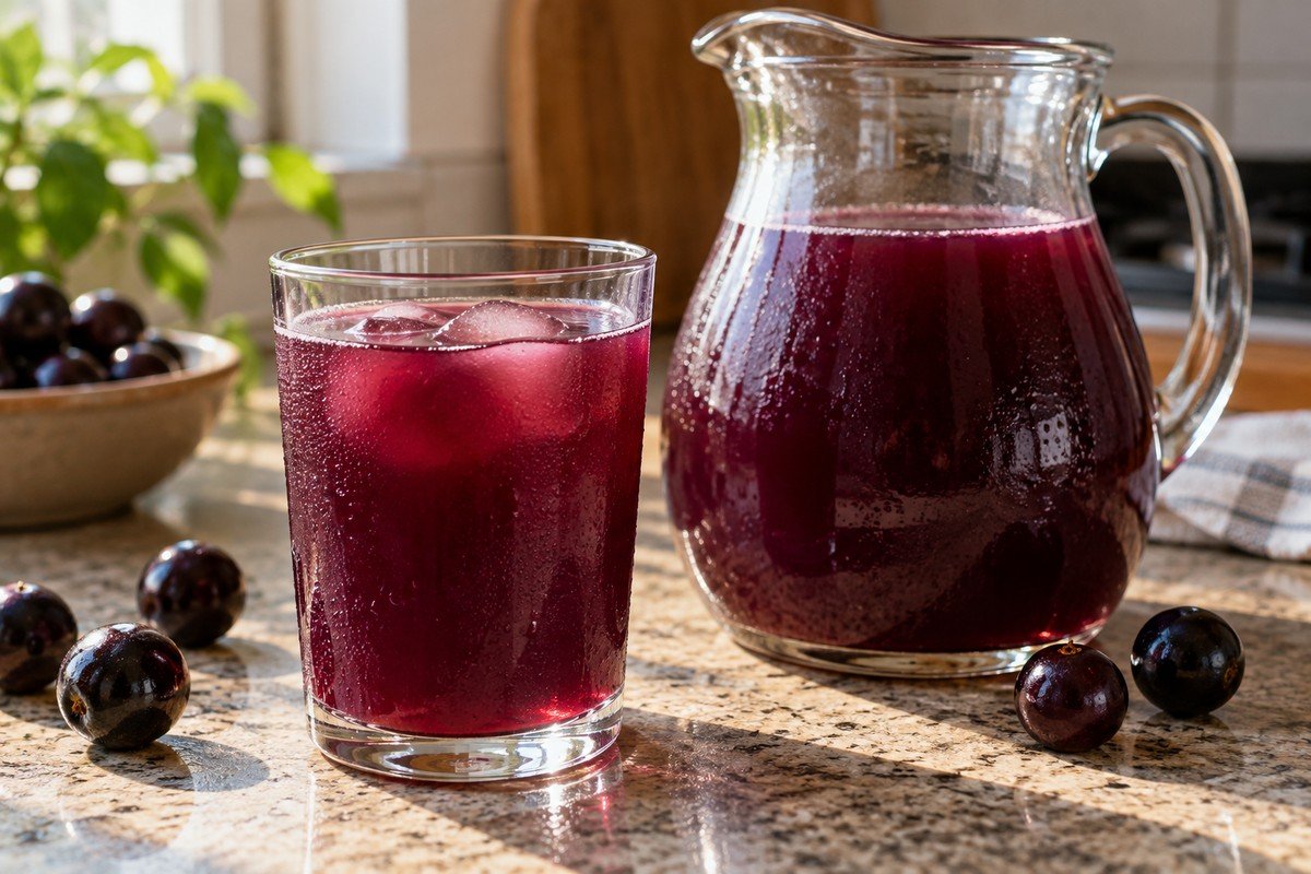Suco roxo de jabuticaba em copo e jarra de vidro, com frutas inteiras ao fundo.