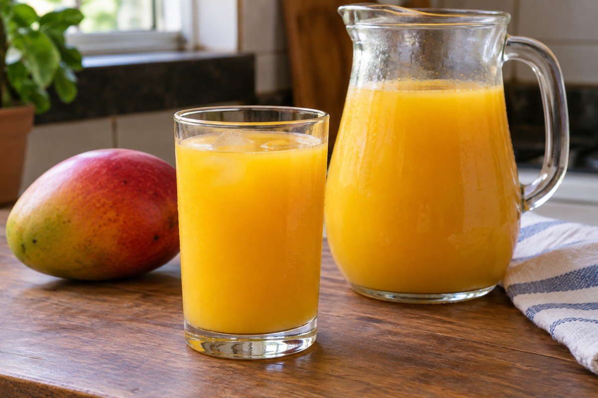 Suco de manga alaranjado e liso servido em copo de vidro e jarra.