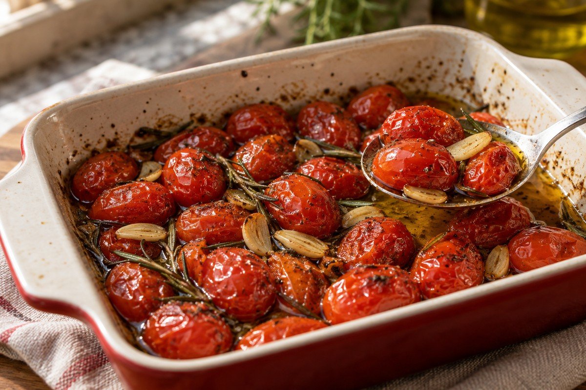 Tomatinhos inteiros assados e enrugados com alho e alecrim em refratário com azeite.