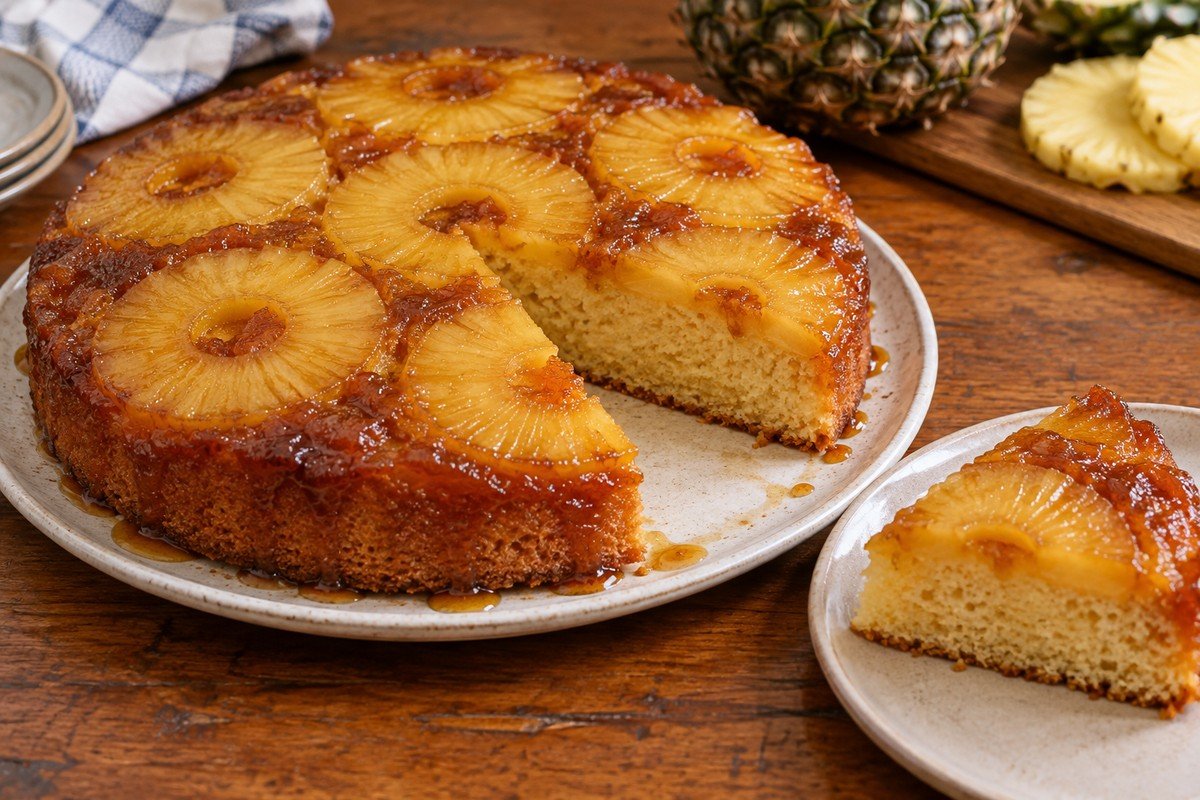 Torta de abacaxi invertida com rodelas caramelizadas no topo e uma fatia cortada ao lado.