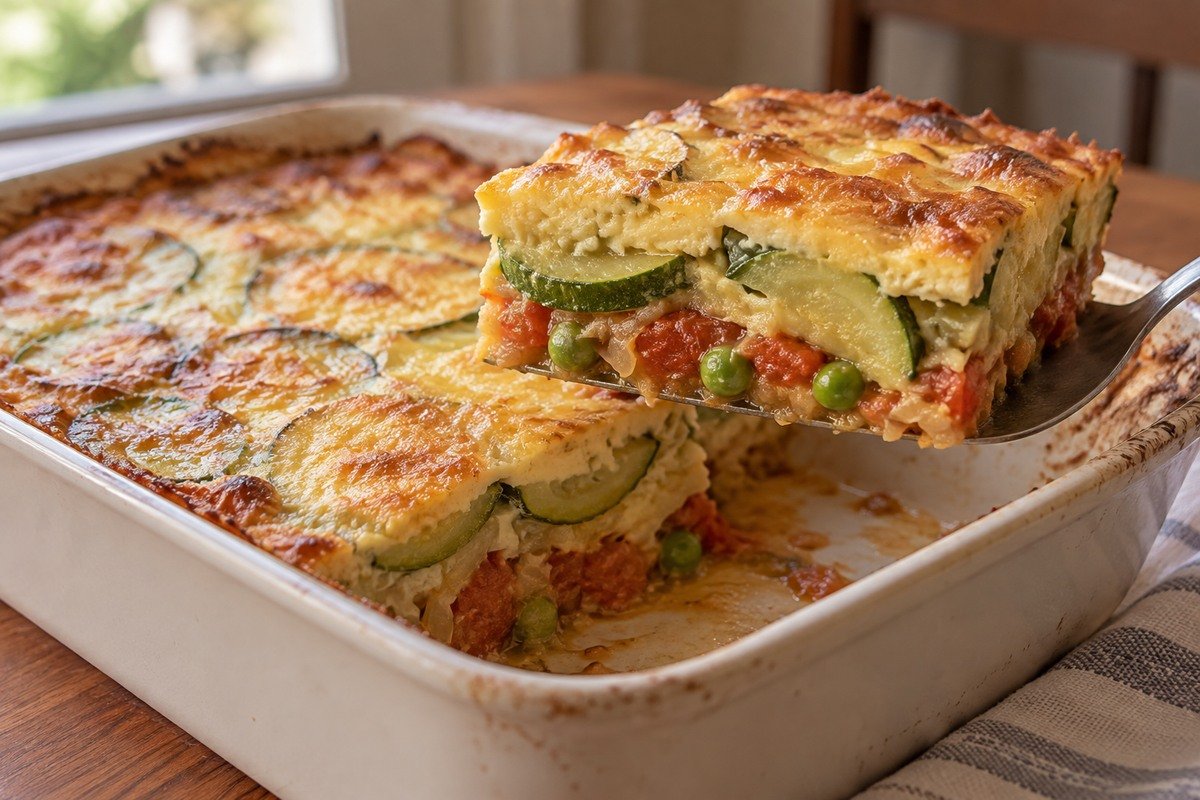 Torta de abobrinha em camadas, com rodelas, tomate, ervilhas e creme dourado.