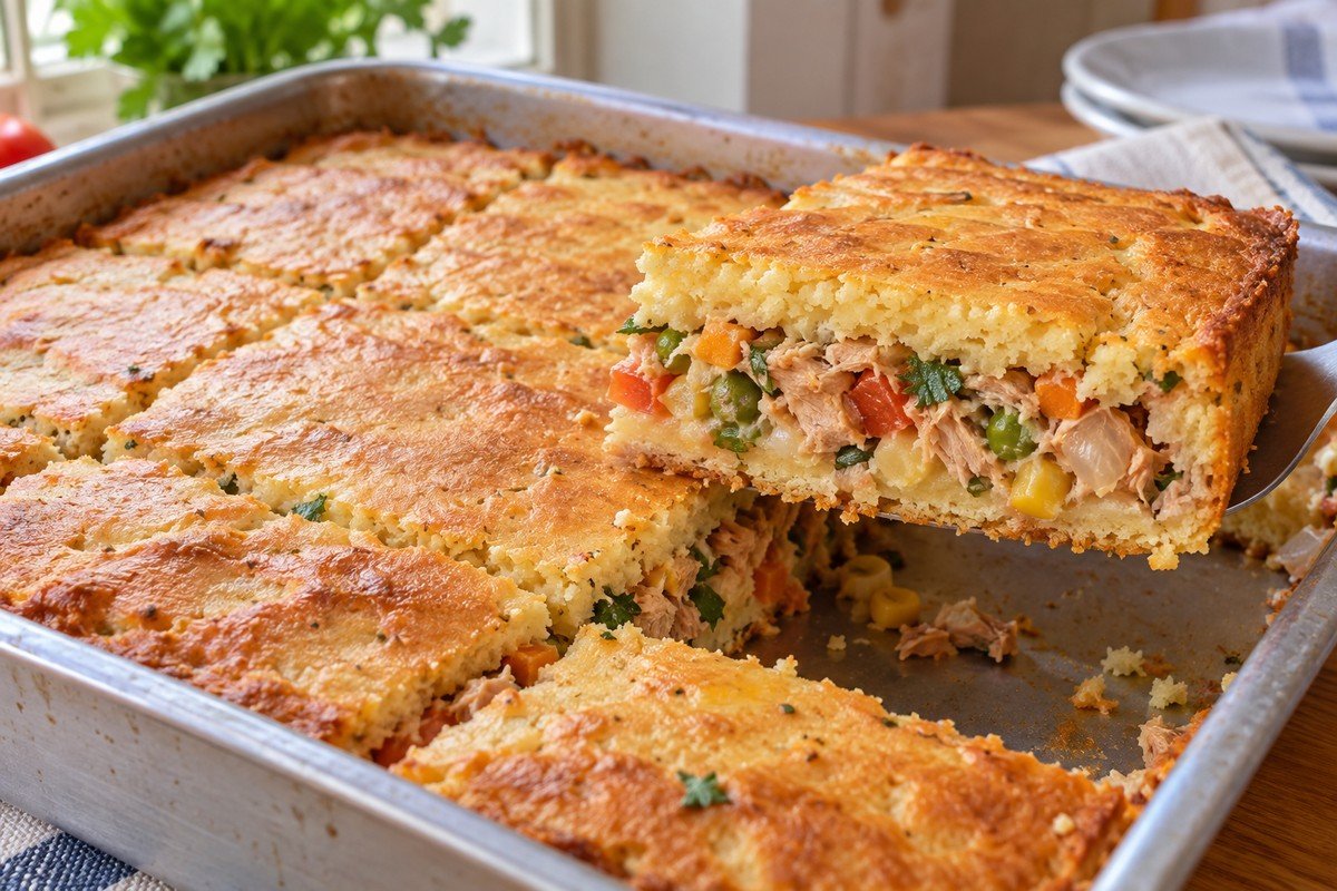 Torta de atum assada em travessa, com pedaços de atum e legumes visíveis na fatia.