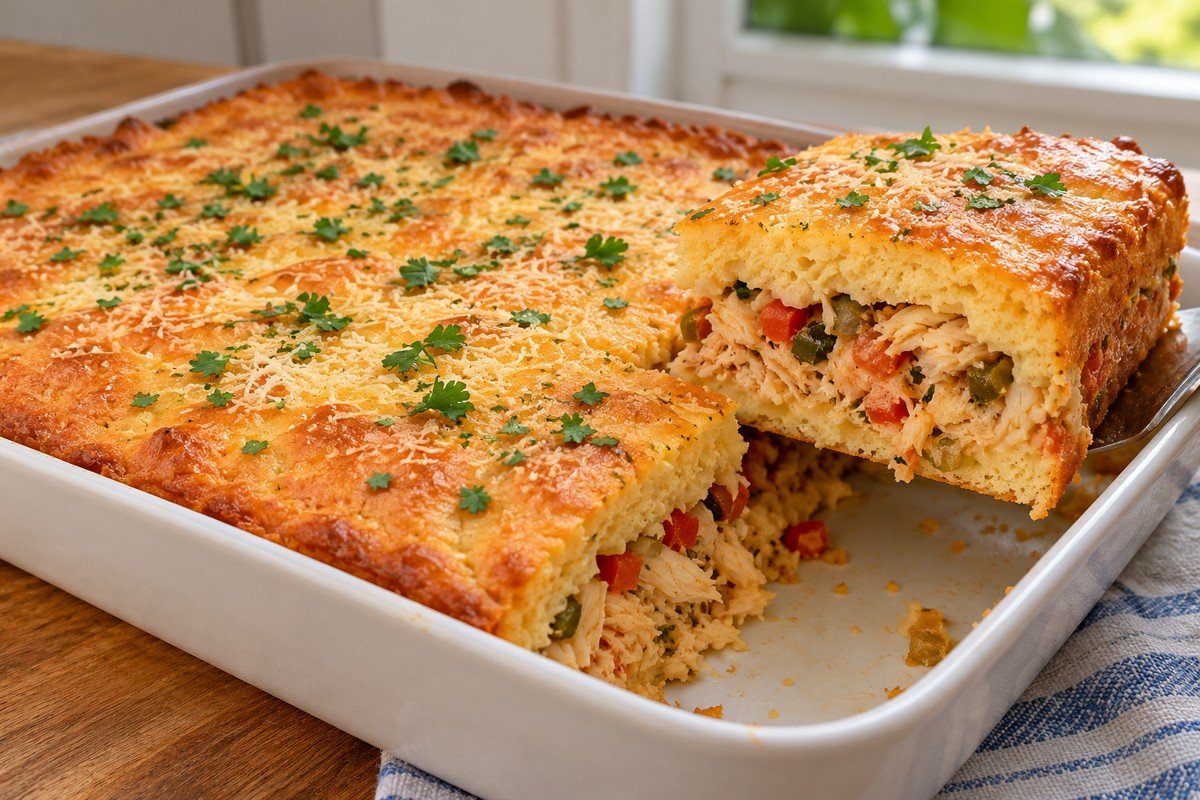 Torta salgada de assadeira retangular com superfície dourada de parmesão, massa macia de liquidificador e recheio visível de bacalhau desfiado, pimentões, tomate, azeitonas e queijo; um quadrado moderado retirado