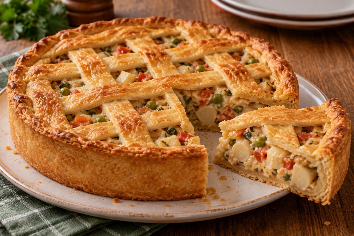 Torta de palmito dourada com tiras abertas em grade e uma fatia de recheio cremoso com ervilha e tomate.