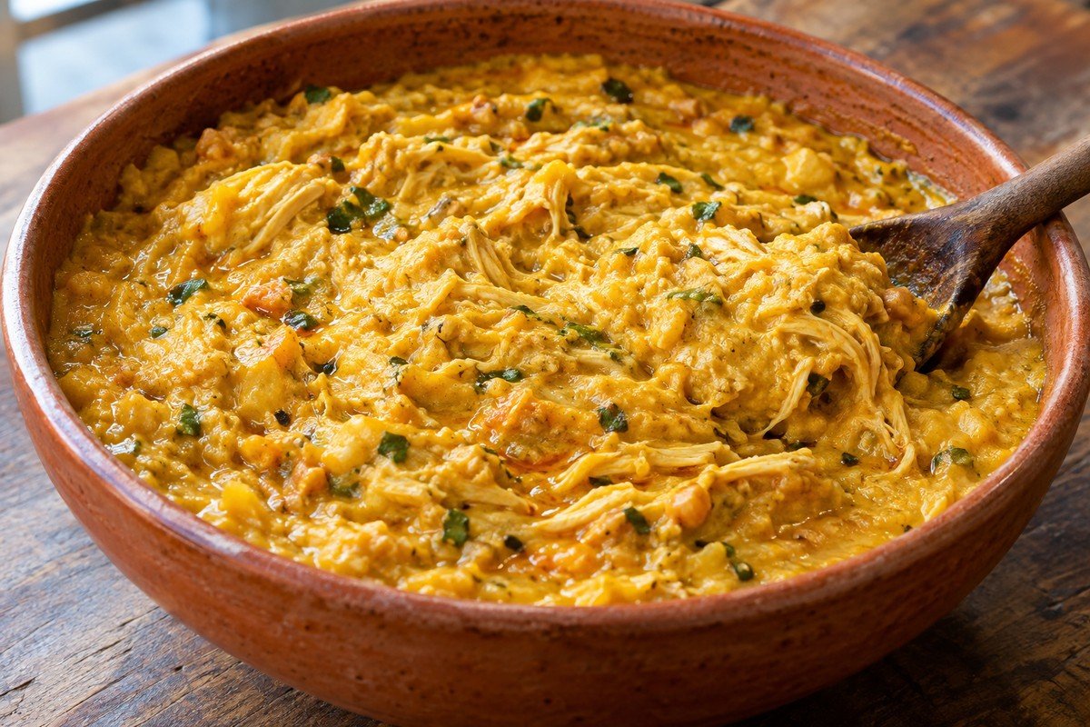 Vatapá cremoso amarelo-alaranjado em tigela de cerâmica, com fios de frango desfiado e ervas visíveis.