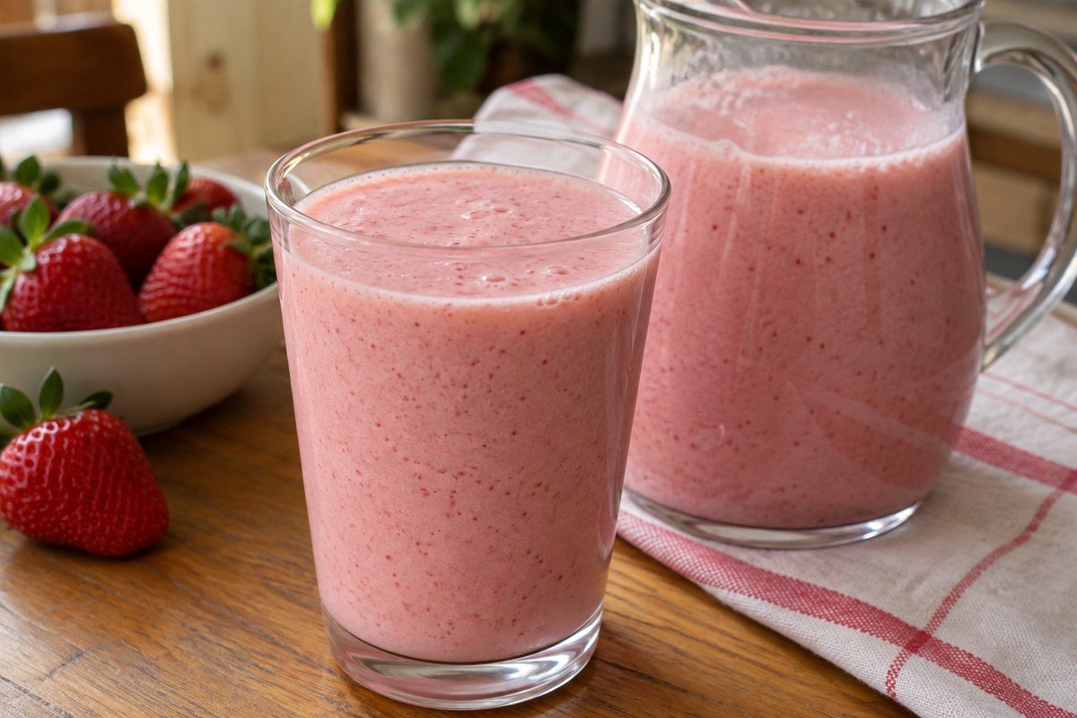 Vitamina de morango rosa cremosa num copo, com jarra e morangos ao fundo.